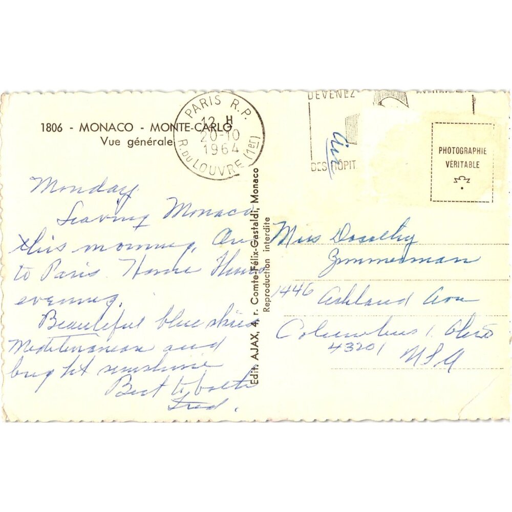 Vintage Postcard 1806 Monaco Monte Carlo Vue Generale 1964 Postmark Color Aerial - Picture 2 of 2